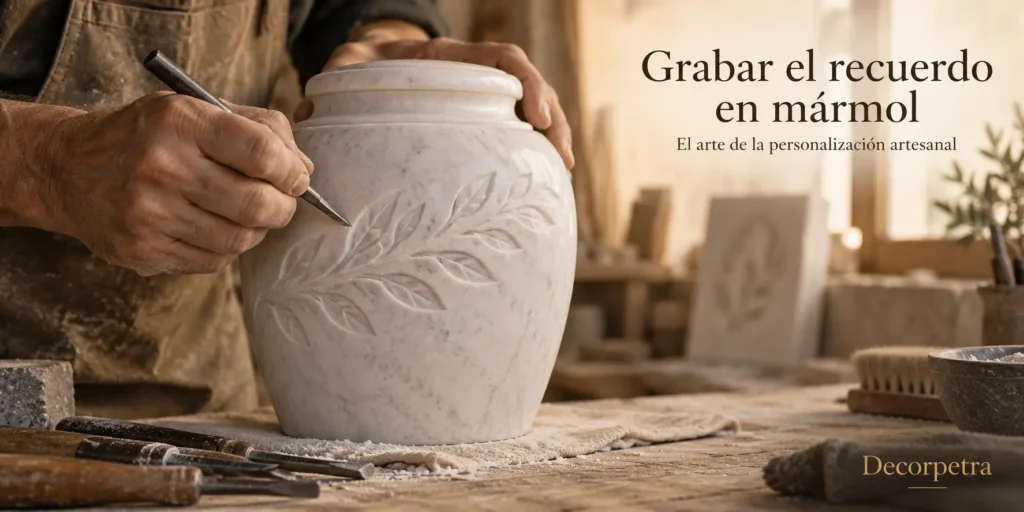 Detalle de urna de mármol con un nombre grabado con acabado dorado